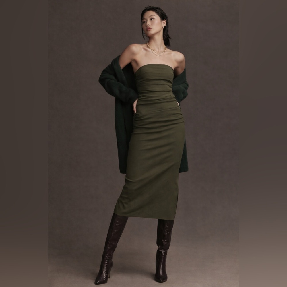 Anthropologie The Soleil Slim Strapless Ruched Green Midi Dress Size XSP NWOT